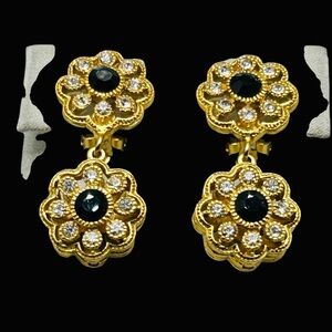 Vintage Double Sided Flower Rhinestone Drop Clip Earrings